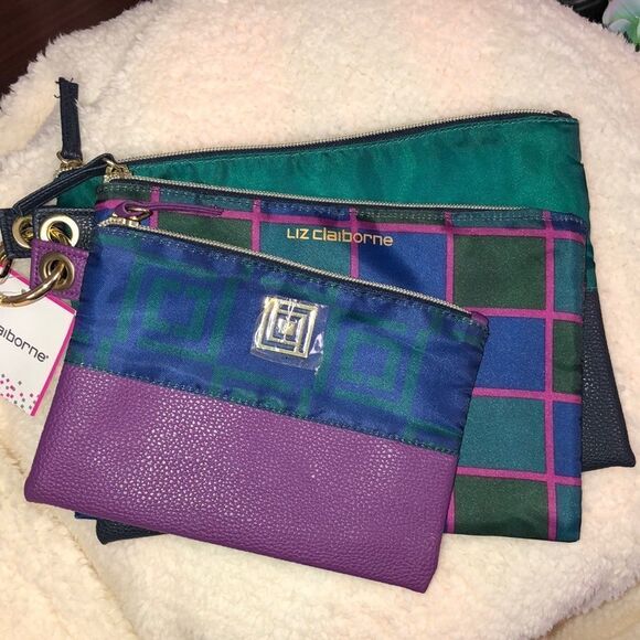 Liz Claiborne Navy Fuchsia Purple Plaid Monogram Travel Bag Set of 3 - Picture 1 of 12